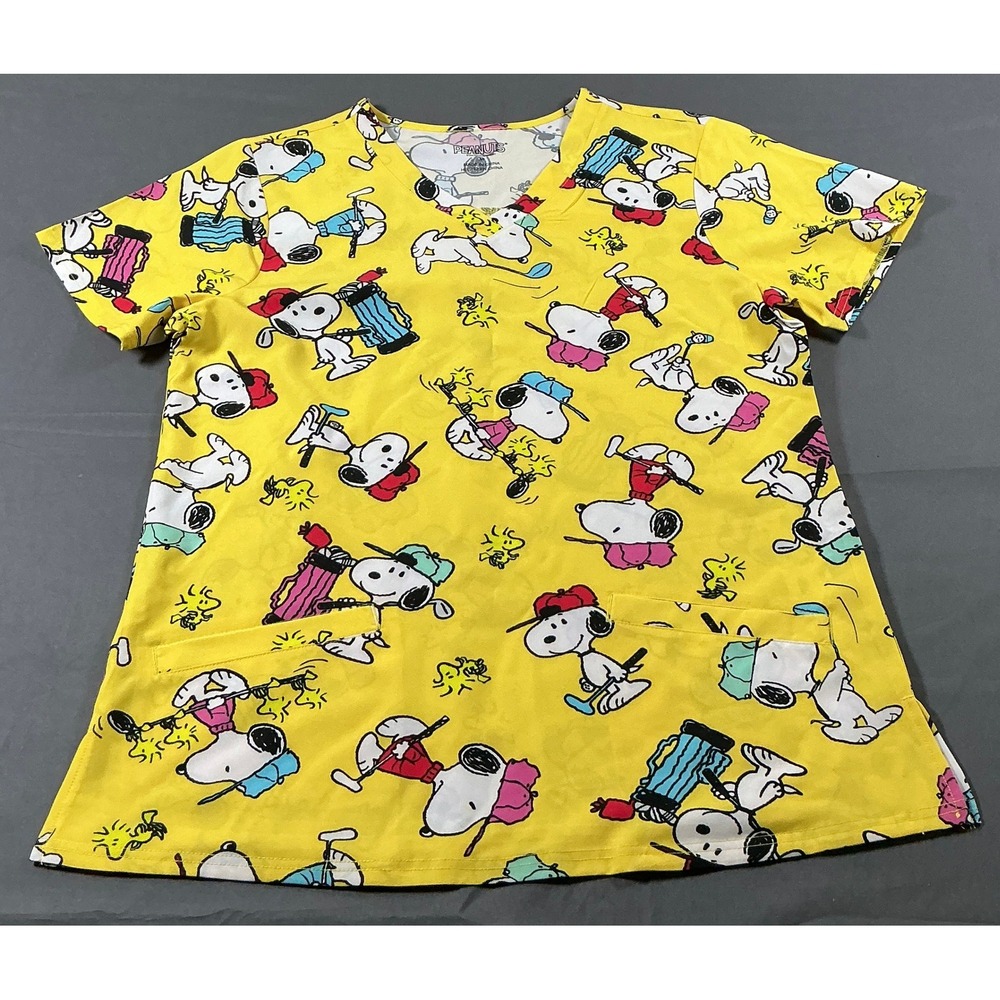 Peanuts Snoopy Golf Scrub Top Yellow V-Neck Short Sleeve Pockets Size M